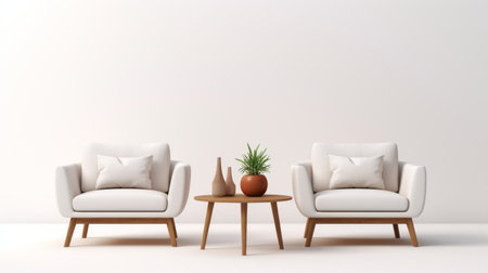 two white chairs and a wooden table are placed next to a white wall in a small living room. a potted plant adds a touch of greenery to the space. the simplistic cartoon style of the room exudes a zen-inspired ambiance. the orange and beige color scheme creates a contrasting background, adding understated elegance and simplicity to the overall design. ai generatedの素材