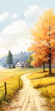 a stunning nature field wallpaper for desktop featuring a graphic novel-inspired illustration style. this captivating artwork depicts the beauty of rural life with a vibrant color palette of yellow and amber tones. influenced by anime, this wallpaper exudes a cozy cabincore vibe. shot with a zeiss otus 85mm f/1.4 apo planar t lens, this ultra-high-definition image is a visual treat. ai generatedの素材