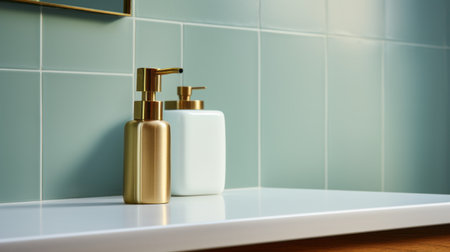 a bathroom featuring a spacious mirror and two elegant gold soap dispensers. the design showcases a stunning combination of gold and cyan, with selective focus highlighting the details. the modular and danish-inspired style adds a touch of sophistication. made from ceramic, the soap dispensers have a metallic rotation feature. the color scheme includes shades of light green and dark azure. ai generatedの素材