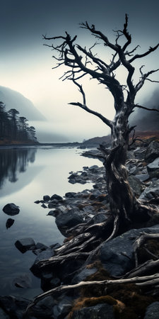 a black and white image of a tree with twisted branches, overlooking a water pond. this atmospheric landscape captures the essence of scottish landscapes and evokes a moody ambiance. the image is in 8k resolution, showcasing the intricate details of the tree's branches. the contrasting light azure and dark amber tones add an epic fantasy touch to the scene. ai generatedの素材