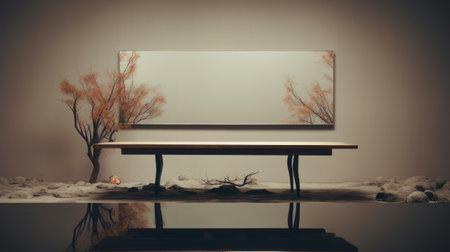 a 3d model of a room featuring a table, chair, and mirror. the room is designed in the style of japanese-inspired art, with tonalist paintings and fine art photography adorning the walls. the australian landscape is captured in silver and amber tones, creating a delicate minimalistic ambiance. the panoramic scale of the room adds depth and dimension to the overall composition. ai generatedの素材