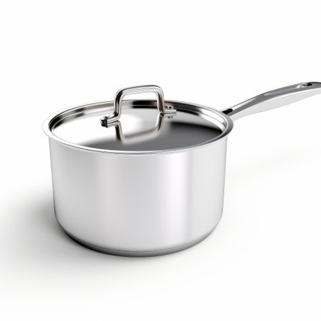 a stainless steel saucepan with a raised lid, depicted in a precise hyperrealistic style. the saucepan is smooth and shiny, set against a white background. this creative commons attribution image showcases the use of tachisme and smooth lines. ai generatedの素材
