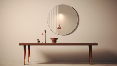a stunning 8k resolution photo featuring a tondo mirror surrounded by dark red and light bronze furniture. the minimal retouching enhances the photorealistic details, showcasing the mid-century style. with ray tracing technology, this image captures the essence of elegance and sophistication. ai generatedの素材