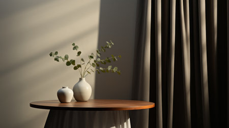 a table featuring a vase and a plant, showcasing a striking juxtaposition of light and shadow. the intricate drapery adds a touch of detail to the minimalist design, while the muted colorscape mastery enhances the overall aesthetic. this uhd image with ray tracing highlights the rounded shapes, creating a visually captivating composition. ai generatedの素材