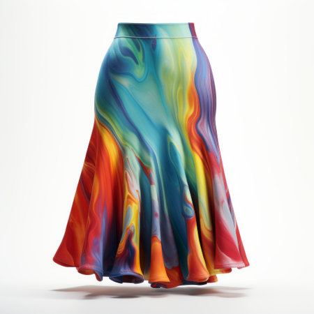 a colorful skirt designed by mariah, the original fashion artist. this swirling skirt showcases high detailed, marble-like patterns with flowing silhouettes. the high resolution and sculpted design give it a stunning appearance. the skirt features a high gloss finish in shades of dark cyan and amber, adding to its vibrant and eye-catching appeal. ai generatedの素材