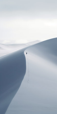 a man walks along the edge of a snowy field, capturing the essence of ethereal minimalism. the desertwave-inspired scene is dominated by light gray and dark blue tones, creating an otherworldly atmosphere. the intricate minimalism of the smooth curves adds depth to this documentary travel photograph. ai generatedの素材