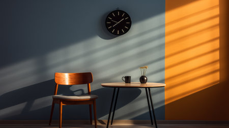 a photo of a tabletop with orange and blue walls, showcasing the style of vray tracing. the image captures a depiction of everyday life with a 20th-century scandinavian influence. the use of light and shadow, along with spot metering, creates a captivating composition. the colors of light black and amber add depth and warmth to the scene. ai generatedの素材