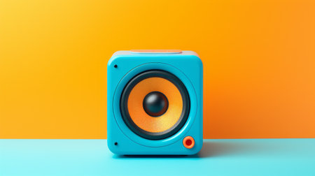 an orange and blue speaker, rendered in cinema4d, stands on an orange and yellow table. the vibrant, high-energy imagery showcases the smooth and thick texture of the speaker. with its bright color blocks and light turquoise hue, this kodak brownie-inspired design is visually striking. ai generatedの素材