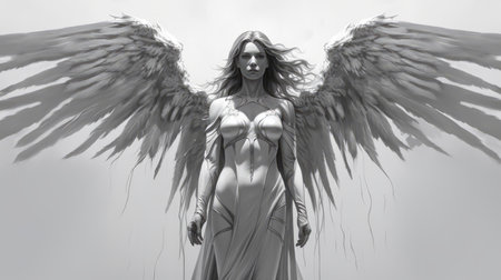 a woman dressed as an angel stands with her wings gracefully spread over her shoulders. this monochrome portrait showcases a hyper-detailed and realistic rendering, reminiscent of precisionist art. the supernatural creature is depicted in a style that combines elements of sketchfab, comic art, and multi-layered figures. ai generatedの素材