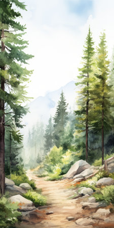 watercolor sketch of a scenic hiking trail through a rocky mountain wilderness. the illustration captures the naturalistic plein air style with a misty atmosphere and realistic hyper-detail. the ethereal trees add to the overall beauty of the scene. this photo was taken with a nikon d750 and showcases the artistry of oil and enamel paintings, reminiscent of whistlerian landscapes. ai generatedの素材