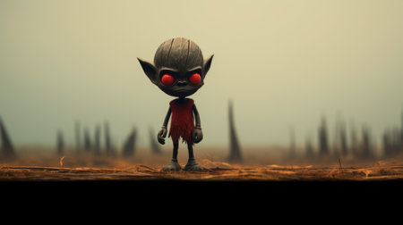 a cute cartoon-like creature with a dark and cartoonish design stands on the ground in a field of dry grass. this character, inspired by the works of zbrush artist bill gekas, features a combination of red and gray colors. the adorable goblin academia is depicted in a charming and cartoonish style. ai generatedの素材