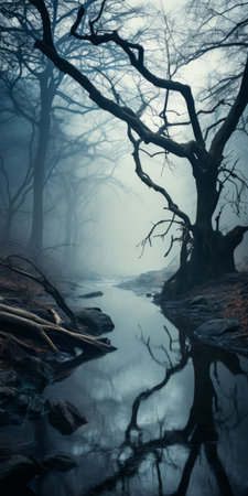 a foggy lake with water flowing through it, featuring twisted branches and a dark, spooky atmosphere. this photo captures a fairytale-inspired, gothic scene with horror-inspired elements. the landscape-focused composition is enhanced by the backlight, creating a mysterious and captivating image. ai generatedの素材