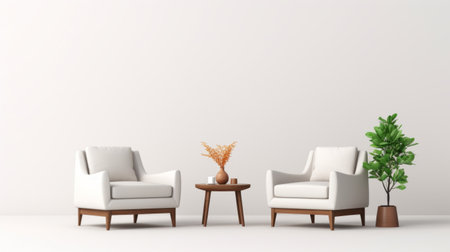 white chairs and a white table are placed next to each other in a minimalist setting. a plant and table lamp add a touch of green and light to the scene. the mid-century style is evident in the dark brown and beige color scheme. this 8k 3d image showcases a post-minimalist design that effectively utilizes space. ai generatedの素材