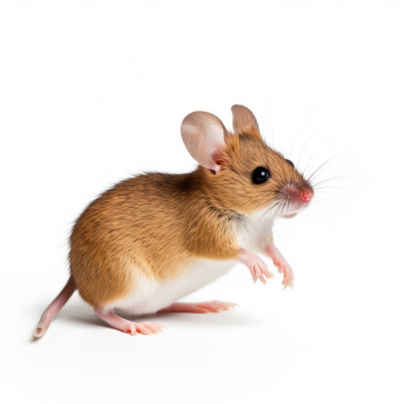 a brown mouse, in an energetic movement, is isolated on a white background. the photorealistic accuracy captures its dignified pose as it looks at something. the style of the image is influenced by precisionism, with light magenta and amber colors and high-key lighting adding to its vibrant appeal. ai generatedの素材