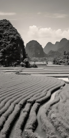 rice fields in a rural setting captured through the monochromatic lens of a nikon d850 camera. the zigzag patterns of the organic formations resemble the works of chung shek and eric ravilious, creating an exotic landscape. ai generatedの素材