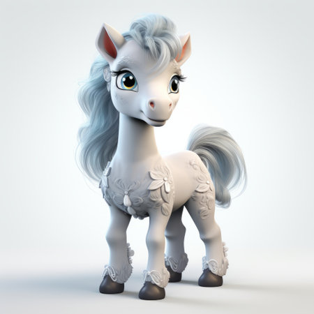 the white pony model by khdp3 is a charming digital illustration created in maya. this childlike-inspired artwork features cute cartoonish designs with shiny eyes and rococo-inspired details. the highly detailed foliage adds depth to the scene, making it a delightful and whimsical piece. ai generatedの素材