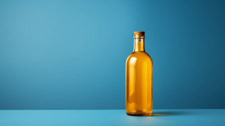 a bottle of white wine stands alone on a vibrant blue backdrop, showcasing a minimalist design with a touch of light amber. the image exudes a sense of anti-clutter and simplicity, reminiscent of recycled materials. the combination of indigo and amber hues creates a visually appealing contrast, reminiscent of the texture-rich kodak gold film. ai generatedの素材