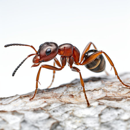 the black top of the ant is captured in this high-definition image, showcasing its lively action poses and explosive pigmentation. the wood background adds a touch of naturalism, while the light red and white colors create nature-based patterns. ai generatedの素材