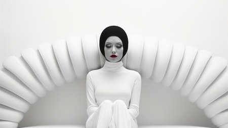 a female cyberpunk 3d illustration in white, featuring bold and dramatic forms. this modernist surrealism-inspired artwork showcases minimalist textiles and draws influences from contemporary middle eastern and north african art. the figure is slumped and draped, made of rubber, reminiscent of bauhaus photography. ai generatedの素材