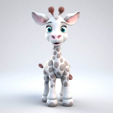 a 3d giraffe model in a playful character design style, featuring a light white and gray color scheme. this royalty-free jpg image showcases a cartoonish innocence with a strong facial expression. the use of vray and a soft-focus technique adds depth and enhances the overall storybook illustration feel. ai generatedの素材