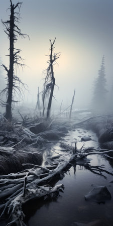 a fog-filled forest with dense trees, resembling saturated pigment pools. the post-apocalyptic ambiance creates a frozen movement, while the darkly detailed scenery evokes a whistlerian atmosphere. the chilling creatures lurking in this national geographic photo add an eerie touch to the mesmerizing landscape. ai generatedの素材