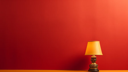 a yellow lamp illuminates a minimalist oriental-style room with vibrant red walls. the lamp sits on a bright yellow table, creating a striking contrast against the textured backgrounds. this tabletop photograph captures the essence of colorful minimalism, reminiscent of the works of rembrandt van rijn and lawrence alma-tadema. the dark orange and gold tones add warmth and depth to the composition. ai generatedの素材