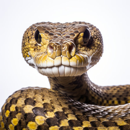 a yellow and black tailed snake, with dynamic and exaggerated facial expressions, sits in a white frame. the high-key lighting enhances its features, creating a captivating image. this national geographic photo incorporates mythological references, showcasing the snake's symbolic significance. ai generatedの素材
