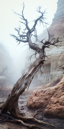 a dead tree in yuma canyon captured in a stock photograph by john c. this fantasy surrealism style image showcases mist and a naturalistic atmosphere. the uhd quality enhances the details of the tree, while the soft-focus technique adds to the overall dreamlike effect. this associated press photo also features elements of animal paintings, with the tree slumped and draped in an artistic manner. aiの素材