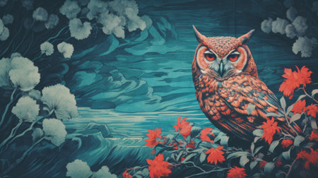 an owl perches gracefully beside a serene spring water, creating a captivating scene. the image showcases the unique texture of a risograph ra 8600, adding depth and character to the overall composition. ai generatedの素材