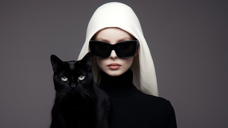 a black cat, portrayed in an illustration cd, captures attention with its bold and eye-catching presence. this portrait, in the style of polixeni papapetrou, showcases the talent of anton fadeev, a solarizing master in the world of fashion photography. the use of the tamron sp 70-200mm f/2.8 di vc usd g2 lens adds depth and clarity to this striking image created with daz3d. ai generatedの素材