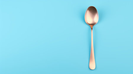 a spoon, in the style of realistic rendering, sits on a blue background. the algeapunk-inspired design features a combination of light pink and bronze hues. the post-processing adds a touch of uniqueness to the image, while the sparse and simple composition enhances its visual impact. infused with social commentary, the chrome-plated spoon becomes a thought-provoking symbol. ai generatedの素材