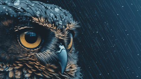 an owl perches gracefully beside a pool of rainwater, its feathers glistening in the soft light. the image showcases the unique texture of a risograph ra 6300, adding depth and character to the scene. ai generatedの素材