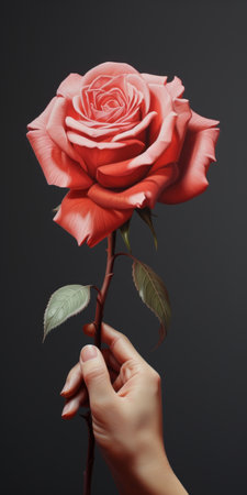 a hyper-realistic oil painting by pascal blanch featuring a detailed character illustration of a hand holding a rose. the artwork showcases a combination of light red and dark pink hues, creating a visually striking contrast. with a resolution of 3840x2160, the painting captures the realistic details of the subject, showcasing the artist's skill as a hard edge painter. ai generatedの素材