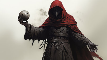 a doctor dressed as a grim reaper, holding an armored ball, showcases the monochromatic mastery of the renowned artist duo etam cru. the crimson hues add a striking contrast to the life-like avian illustrations, reminiscent of the artistic styles of dd, christophe vacher, and other majestic figures. ai generatedの素材