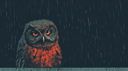 an owl perches gracefully beside a pool of rainwater, its feathers glistening in the soft light. the image showcases the unique texture of a risograph ra 6300, adding depth and character to the scene. ai generatedの素材
