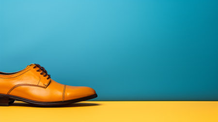orange leather shoes are placed on a vibrant table, featuring a minimalist color field with a combination of dark sky-blue and light yellow. the background is elegantly formal, inspired by the works of bob ringwood and charles spencelayh, incorporating light yellow and teal tones. ai generatedの素材