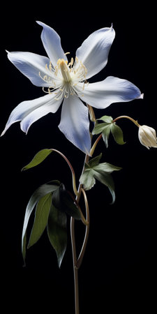 a blue flower, reminiscent of meticulous photorealistic still lifes by artists like david ligare and elke vogelsang, is captured in this high-definition image. the flower stands out against a black background, showcasing its vibrant color. the intricate details of the foliage are beautifully rendered, creating a visually stunning composition. the play of light and shadows adds depth to the image, enhancing its overall appeal. aiの素材