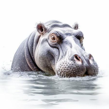 a swimming hippopotamus captured in a manipulated photograph with a high dynamic range. the image showcases the expressive facial features of the hippo, set against a light white and gray backdrop. with an iso of 200, this national geographic photo has been rendered using the unreal engine for a stunning visual effect. ai generatedの素材