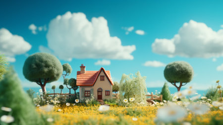 a suffolk sheep, made of smooth rubber material, is depicted in this studio ghibli-inspired image. the photo showcases a tilt shift photography effect, adding a unique perspective. ambient occlusion enhances the sheep's details, while the bright baby cyan background adds a vibrant touch. ai generatedの素材