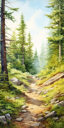 an artist's depiction of a hiking path through the forest, featuring realistic watercolor paintings in the style of svetlin velinov and steve henderson. the illustration showcases flat shading and realistic details, capturing the beauty of isolated landscapes. ai generatedの素材