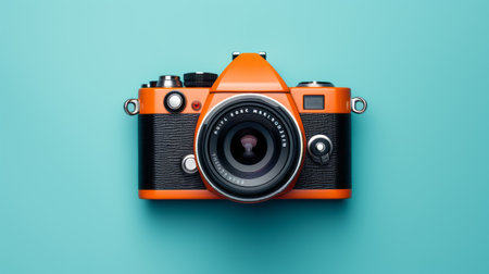 camera sitting on a turquoise surface, minimalist graphic designer style, 20 megapixels, dark orange and light emerald color scheme. features include back button focus and photo-realistic techniques. ideal for celebrity photography with orange and navy accents. ai generatedの素材