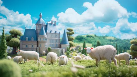 a rambouillet, resembling studio ghibli's style, is depicted in this image. the smooth rubber material adds a unique touch, while the tilt shift photography effect and ambient occlusion enhance the overall aesthetic. against a vibrant baby cyan background, the rambouillet stands out, creating a visually captivating scene. ai generatedの素材