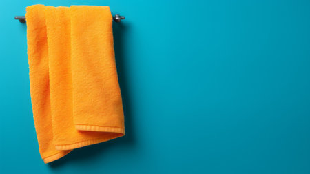 a towel hangs on a blue tiled background, showcasing post-internet aesthetics with dark orange and yellow tones. the image is in the creative commons attribution style, featuring a dark teal color. the towel appears smooth and polished, with minimal retouching. the photo captures an eye-catching detail. ai generatedの素材