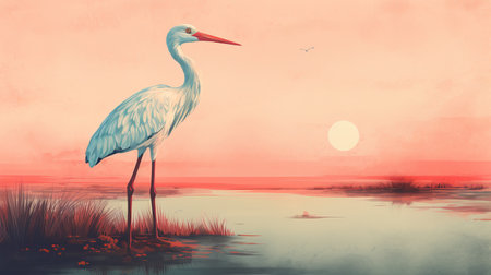a stork gracefully stands near a serene body of warm water, creating a captivating scene. the image showcases the unique texture of a risograph ra 8300, adding depth and character to the overall composition. ai generatedの素材