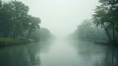 a foggy landscape of trees is captured in this photo, showcasing a river running through it. the image is reminiscent of the dusseldorf school of photography, with its light green and cyan tones. shot by janet delaney using a zeiss planar t 80mm f/2.8 lens, the photo exudes a detailed and atmospheric portrait, reminiscent of the works of hiroshi nagai and gustave caillebotte. ai generatedの素材