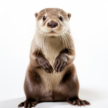 an otter, captured in a high-key lighting style, stands on its legs in this candid shot. the uhd image showcases the otter's shiny eyes and strong facial expression. this national geographic photo beautifully captures the sparse surroundings, highlighting the otter's captivating presence. ai generatedの素材