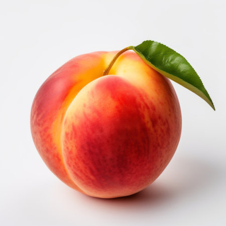 a single peach, captured with a medium format lens, stands out against a clean white background. the peach is light red and white, exuding a felinecore vibe with its majestic appearance. the photograph showcases the use of traditional techniques, resulting in soft and rounded forms. ai generatedの素材