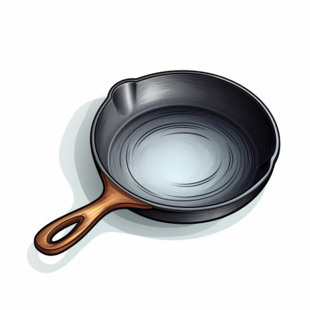 a black skillet with a wood handle is showcased on a clean white background. this colorful caricature-style image features detailed shading, highlighting the aluminum material of the skillet. the warmcore design adds a touch of uniqueness, while the streaked texture enhances its visual appeal. this illustration is reminiscent of 2d game art and captures the essence of the ilford pan f aesthetic. ai generatedの素材