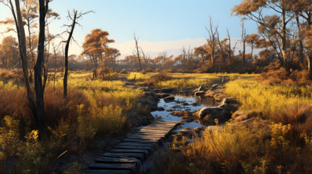 a mesmerizing photograph captures a stunning wetland hiking trail, adorned with vibrant hues of yellow, blue, pink, and black. the strong shadows cast by the golden light add depth and drama to the scene. this pastel-colored poetcore illustration showcases high quality and intricate details, reminiscent of the award-winning works of ansel adams and andrew tischler. shot with a zoom lens and using ferrania p30 film,の素材