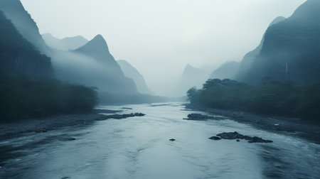 a long river nestled amidst majestic mountains, captured in a moody atmosphere with subtle color gradations. this stunning image showcases the beauty of nature and highlights the importance of environmental activism. taken with a ricoh ff-9d camera, this uhd photograph embodies the essence of a national geographic photo, with its captivating hues of light cyan and indigo. ai generatedの素材